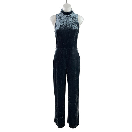 Forever 21 Black Velvet Velour Sleeveless Halter Neck Wide Leg Romper Jumpsuit L