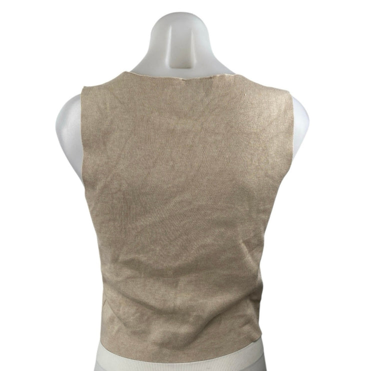 Pink Rose Beige Rib Knit Sleeveless Button Down Sweater Vest Crop Tank Top Sz S