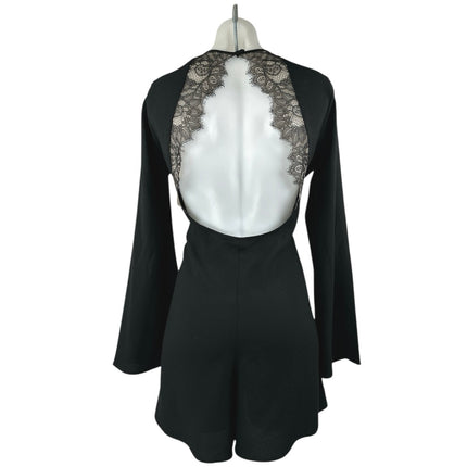 BCBGMaxazria Giulianna Black Long Bell Sleeve Open Back Lace Romper Shorts S