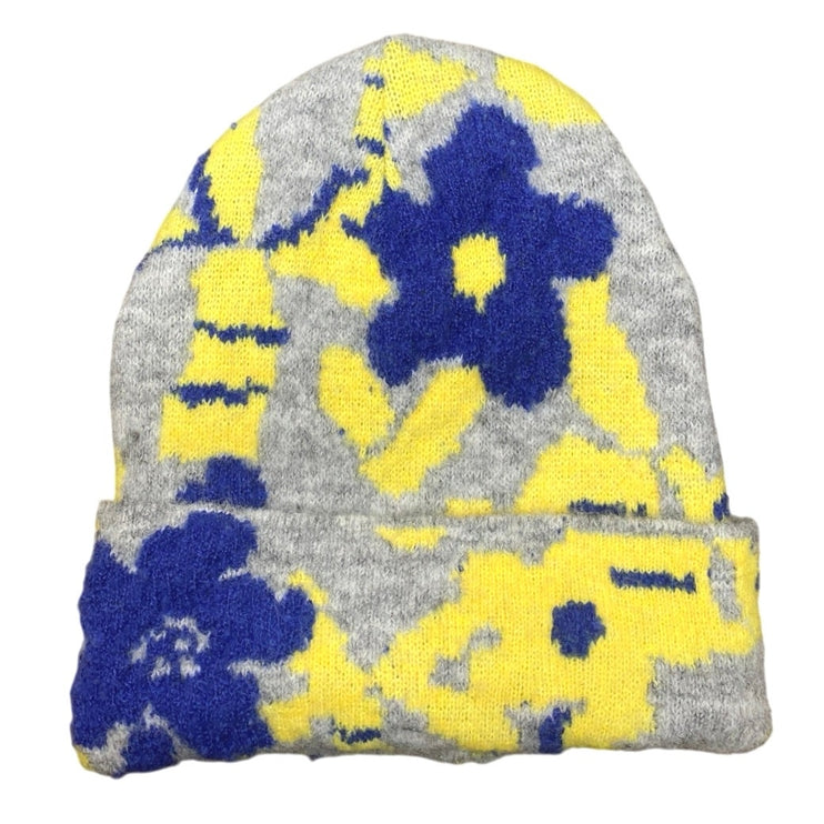 Anthropologie Gray Multicolor Floral Knit Winter Bonnet Fuzzy Beanie Hat Cap OS