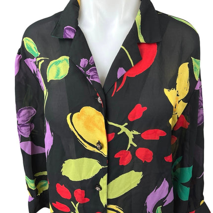 Chris B Black Multicolor Floral Retro Long Sleeve Button Down Shirt Top Size L