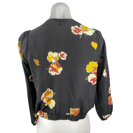 Madewell Black Floral 100% Silk Long Sleeve V Neck Cropped Blouse Top Size XS