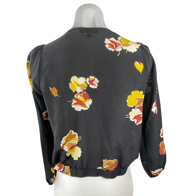Madewell Black Floral 100% Silk Long Sleeve V Neck Cropped Blouse Top Size XS