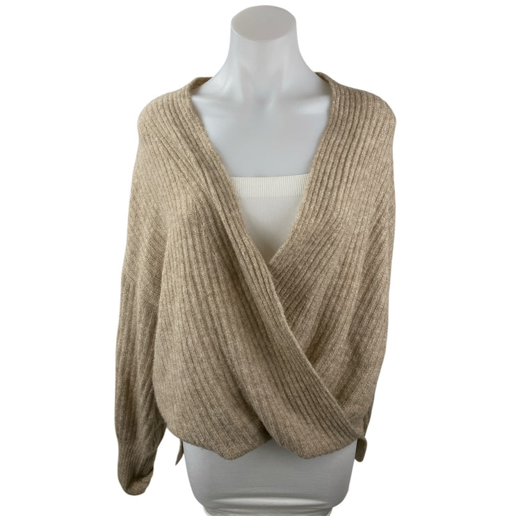 Max Studio Women's Beige Tan Rib Knit Long Sleeve Oversized Wrap Sweater Top M