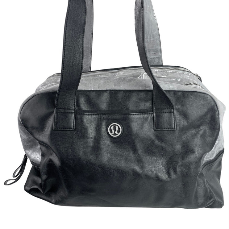 Lululemon Urban Sanctuary Black Silver Metallic Faux Leather Duffel Bag Handbag