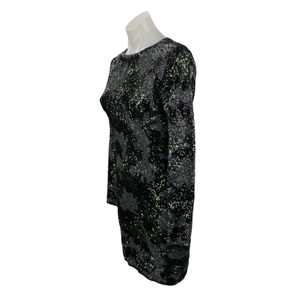 Zara Black Green Camo Sequin Sparkly Long Sleeve Crew Neck Mini Bodycon Dress M