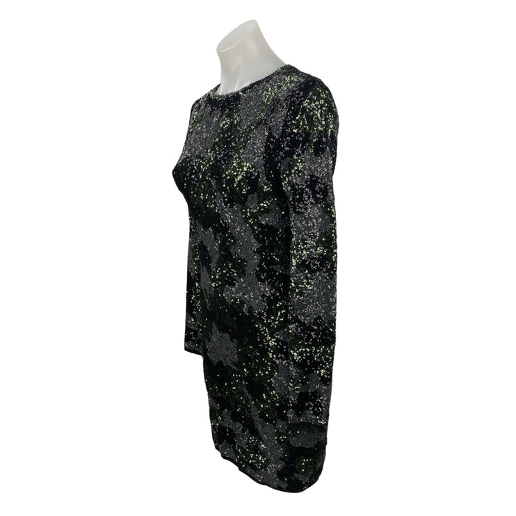 Zara Black Green Camo Sequin Sparkly Long Sleeve Crew Neck Mini Bodycon Dress M