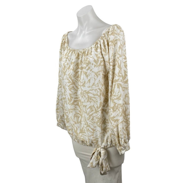 Vince Camuto Beige White Leaf Long Sleeve Scoop Neck Shirt Blouse Top Size L