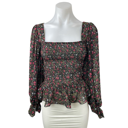 Code X Mode Women's Black Floral Smocked Square Neck Long Sleeve Blouse Top S