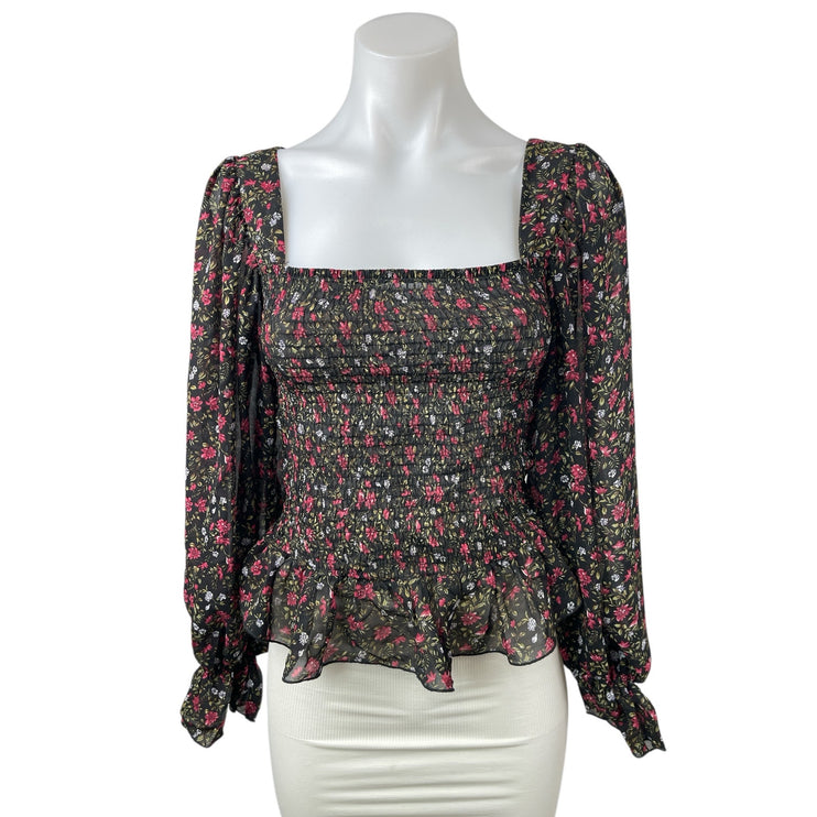 Code X Mode Women's Black Floral Smocked Square Neck Long Sleeve Blouse Top S