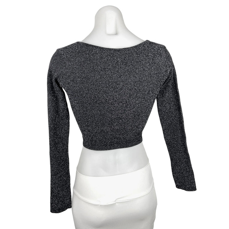 Zara Black Ribbed Knit Scoop Neck Long Sleeve Speckled Sweater Crop Top Sz XS/S