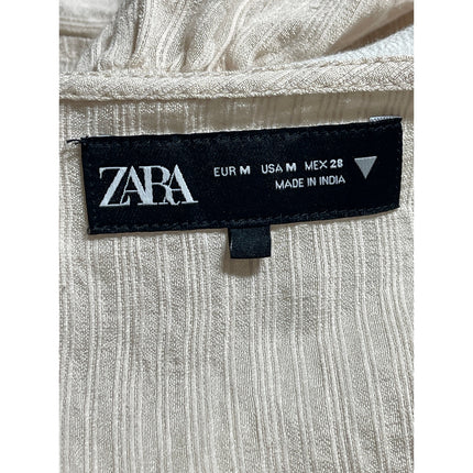 Zara Women's Beige Long Sleeve Tie Collared Ruffle Crop Peplum Blouse Top Size M