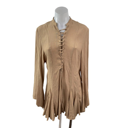 NEW H&M Womens Tan Lace Up Long Sleeve Ruffle Pleated A Line Mini Dress Size S