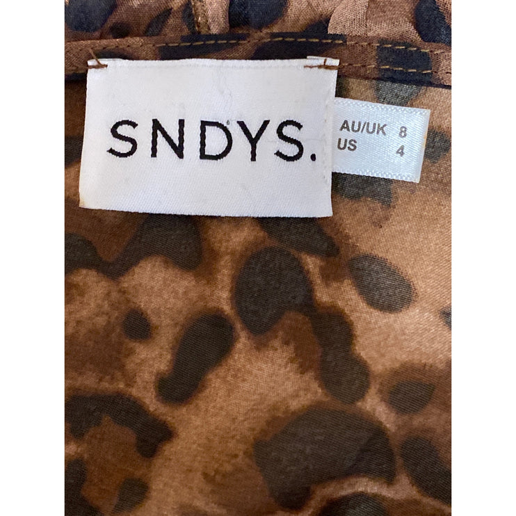 Sndys Women's Tan Brown Leopard Animal Print Ruffle Peplum Blouse Top Size 4