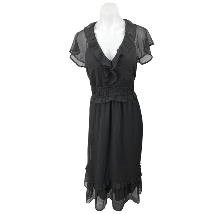 Old Navy Women's Black Mesh Ruffle Short Sleeve V Neck Midi Sheath Dress Size L
