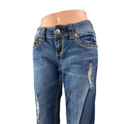 Seven7 Women's Blue Distressed Low Rise Ripped Bootcut Denim Jeans Pants Size 27