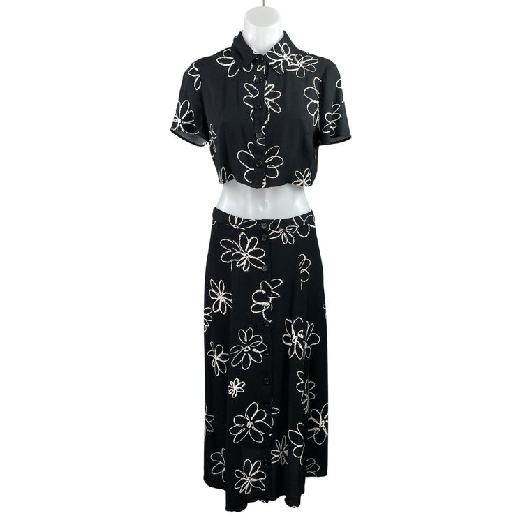 Reformation Women's Black White Floral Embroidered Crop Top & Midi Skirt Sets 4