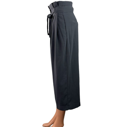 H&M Women's Gray Pleated High Waisted Tie Belt Cropped Paperbag Trouser Pants 2