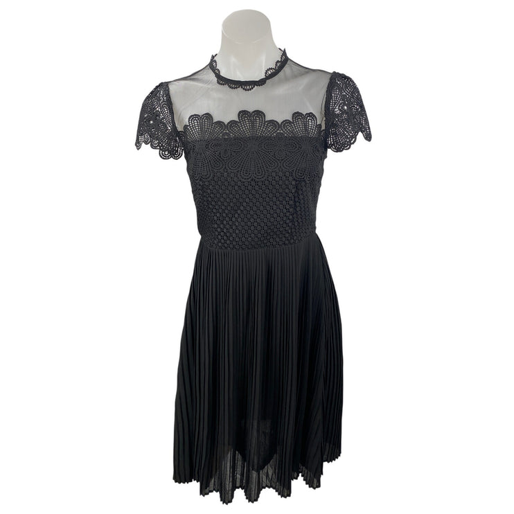 Zara Black Floral Mesh Lace Pleated Fit & Flare A Line Evening Mini Dress Size S