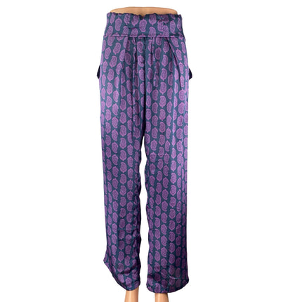 NEW Natura Women's Purple Silky Satin Paisley Pleated Straight Trousers Pants XL