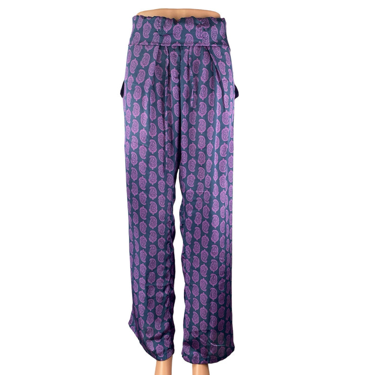 NEW Natura Women's Purple Silky Satin Paisley Pleated Straight Trousers Pants XL