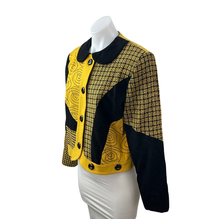 CanvasBacks Women's Wool Abstract Colorblock Patchwork Crop Blazer Coat Jacket M