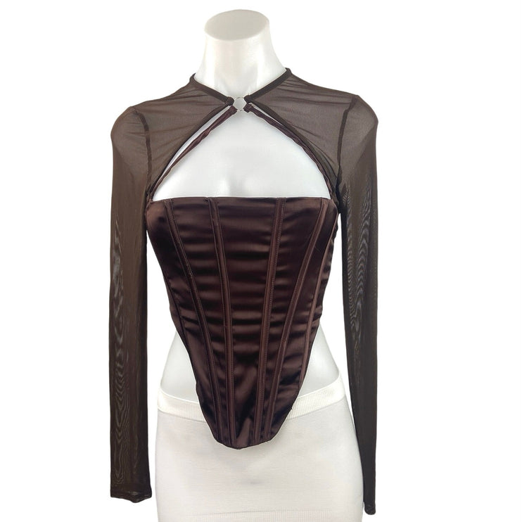 Fashion Nova Brown Mesh Long Sleeve Cutout Party Corset Blouse Top Size S