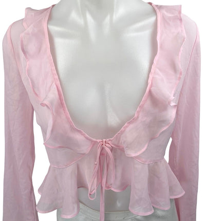 Edikted Women's Pink Long Sleeve Ruffle Plunge Tie Peplum Blouse Crop Top Size S
