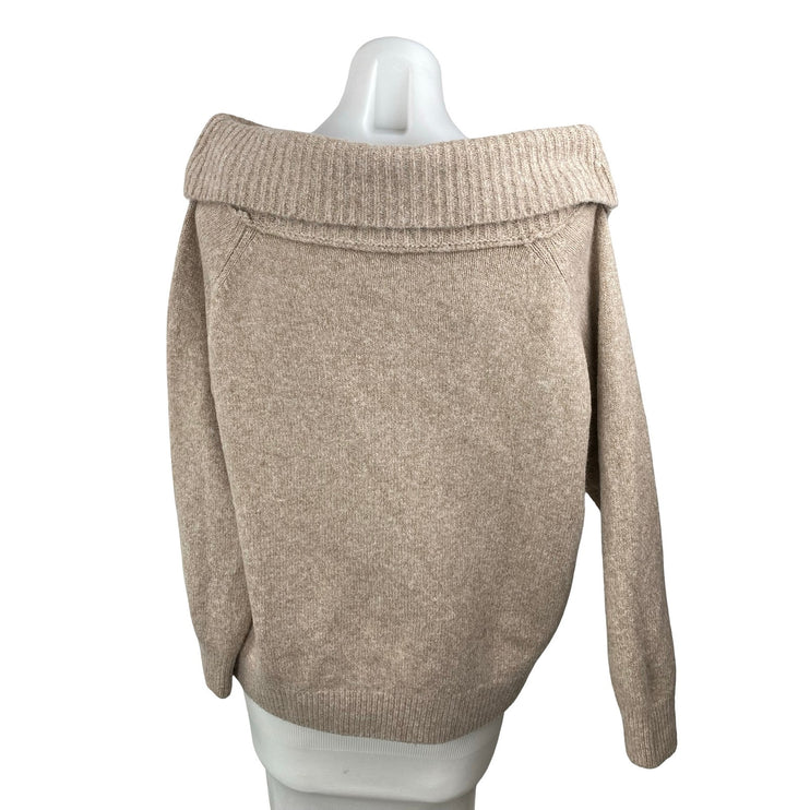 Lillusory Women's Beige Knit Off Shoulder Long Sleeve Sweatshirt Sweater Top S