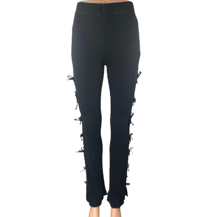 White Fox Women's Black Rib Knit Cutout Knot Side Flared Trousers Pants Size S