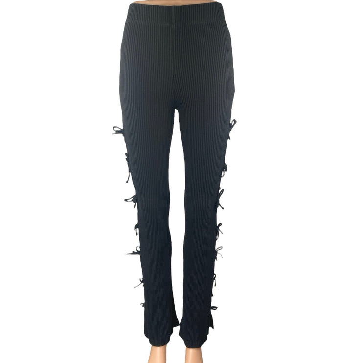 White Fox Women's Black Rib Knit Cutout Knot Side Flared Trousers Pants Size S
