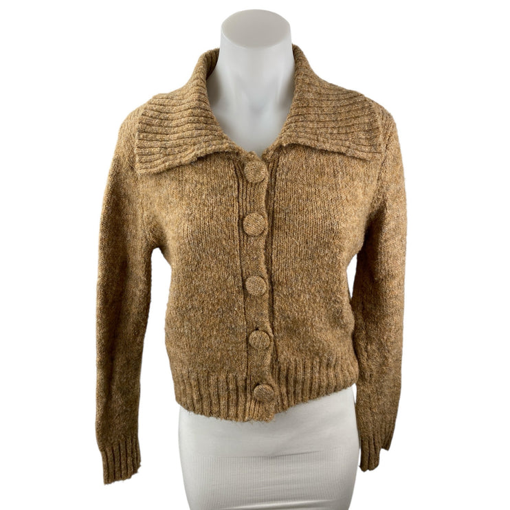 Lush Brown Wool Collared Long Sleeve Button Down Crop Cardigan Sweater Top Sz S