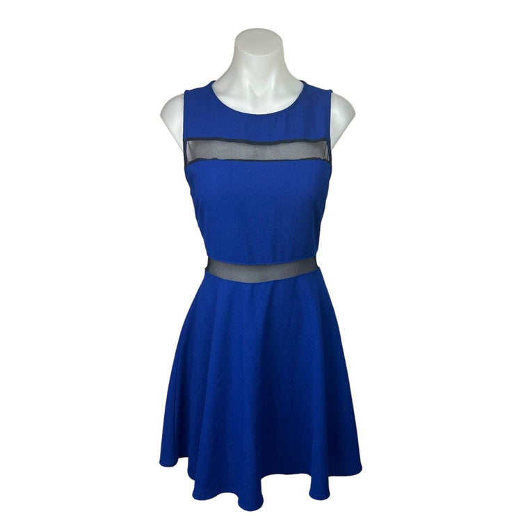 Lush Blue Sleeveless Mesh Cut Out Crew Neck A-Line Fit & Flare Mini Dress Size M