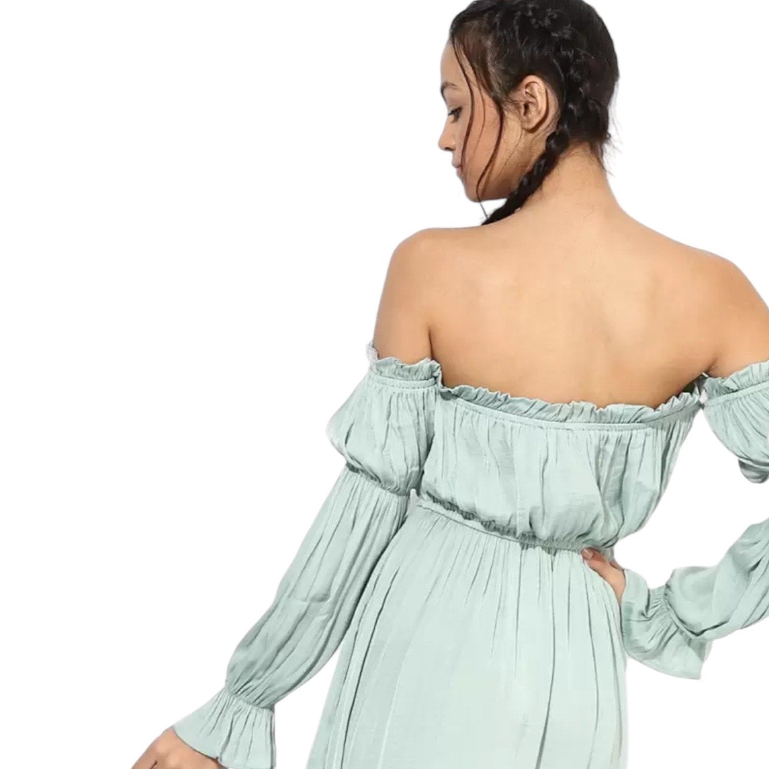 Forever 21 Green Off Shoulder Ruffle Tie Long Sleeve Elastic Waist Mini Dress M Forever 21 Green Off Shoulder Ruffle Tie Long Sleeve Elastic Waist Mini Dress M