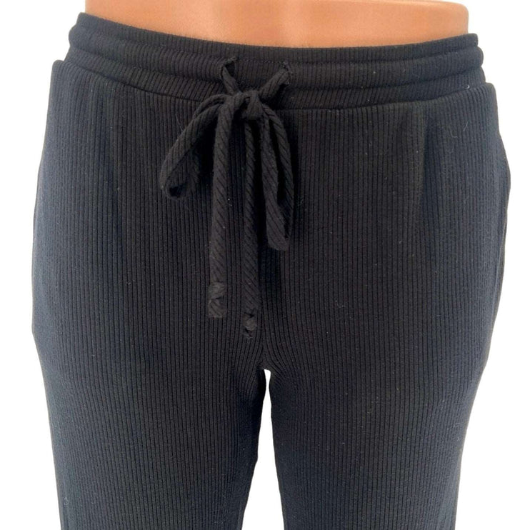 Aqua Black Ribbed Mid Rise Drawstring Cropped Relaxed Cozy Lounge Pants Size S