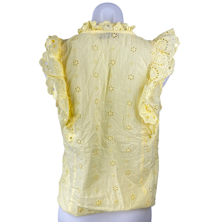 Ann Taylor LOFT Yellow Ruffle Sleeve Embroidered Floral Tie Blouse Top Size S