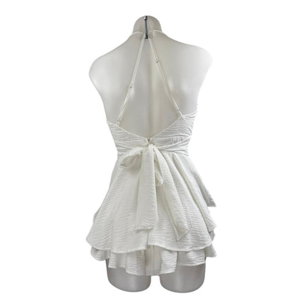 Lovesong White Sleeveless V Neck Tiered A Line Flare Tie Romper Shorts Size S