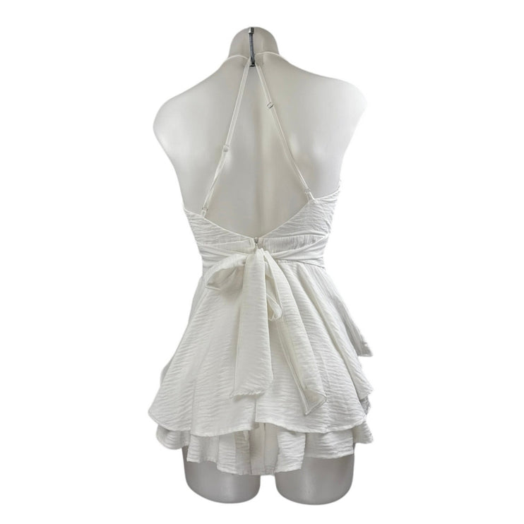Lovesong White Sleeveless V Neck Tiered A Line Flare Tie Romper Shorts Size S