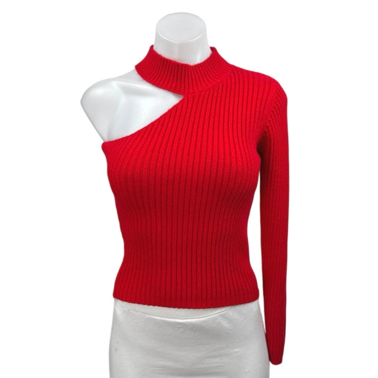 Naf Naf Red One Shoulder Long Sleeve Mock Neck Rib Knit Crop Sweater Top Size L