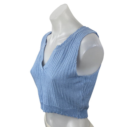 Miss Love Blue Rib Waffle Knit V Neck Sleeveless Cropped Sweater Vest Top Size M
