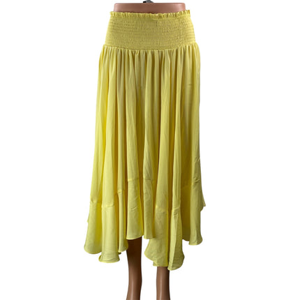 Anthropologie Women's Yellow Smocked Asymmetrical Handkerchief Hem Midi Skirt S