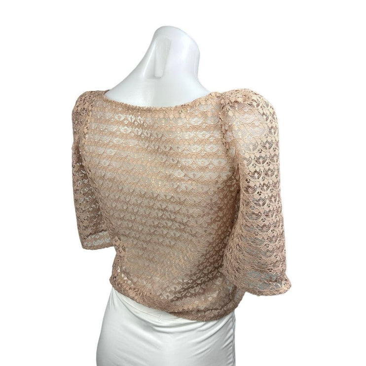 American Apparel Beige Tan Sheer Lace Puff Sleeve Boat Neck Crop Top Blouse XS