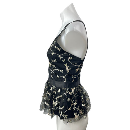 Omai Women's Black Floral Embroidered Sleeveless V Neck Peplum Blouse Top Size M