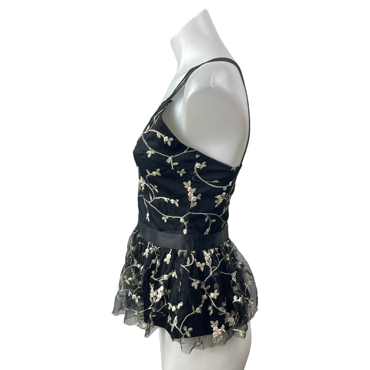 Omai Women's Black Floral Embroidered Sleeveless V Neck Peplum Blouse Top Size M