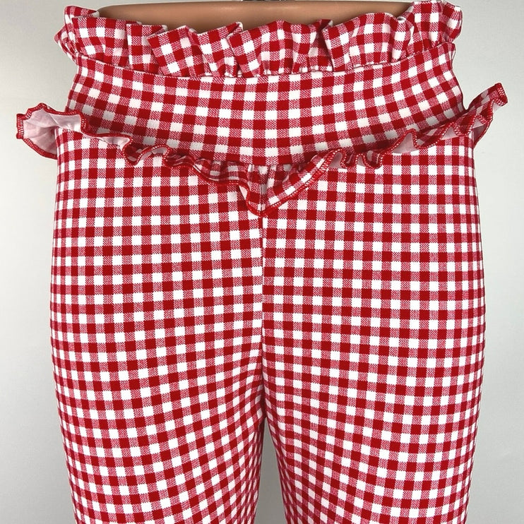 PrettyLittleThing NWT Red White Gingham Check Ruffle Frill Hem Trouser Pants 4