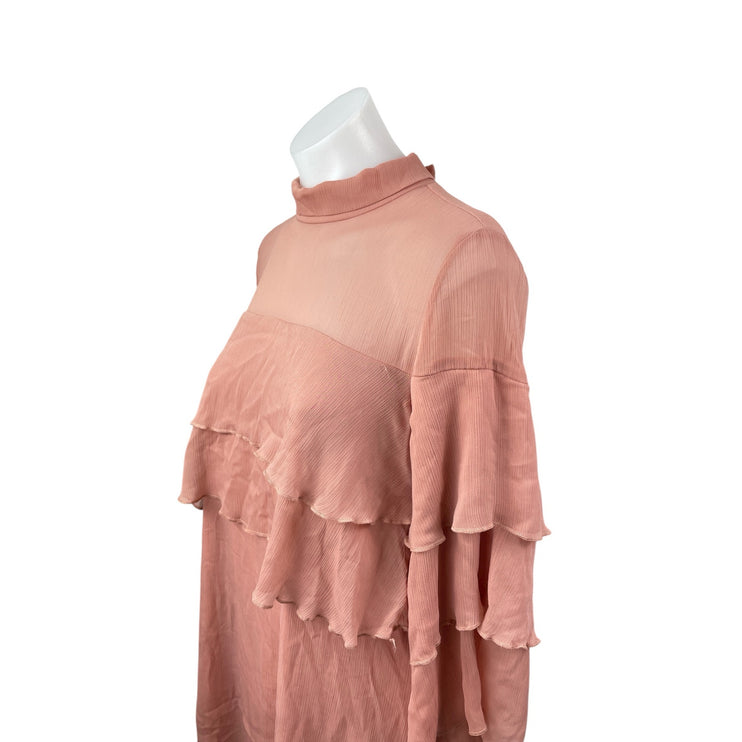 Pink Owl Women's Coral Tiered Ruffle Mock Neck Long Sleeve Mini Shift Dress Sz S