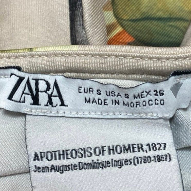 Zara Apotheosis of Homer Beige Long Sleeve Graphic Slim Fit Crop Shirt Top Sz S