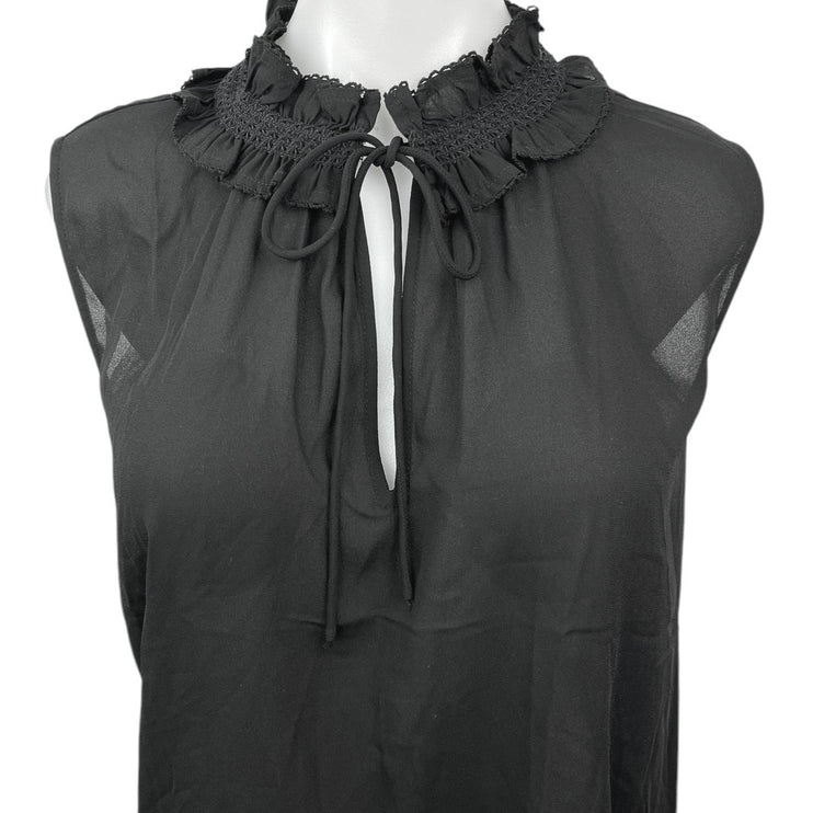 NEW LOFT Black Ruffle Mock Tie Neck Sleeveless Sheer Blouse Tank Top Size XL