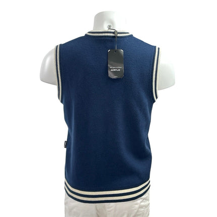 NEW YoMe Men's Navy Blue Knit V Neck Striped School College Sweater Vest Size S