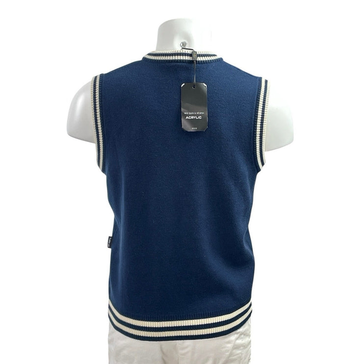 NEW YoMe Men's Navy Blue Knit V Neck Striped School College Sweater Vest Size S